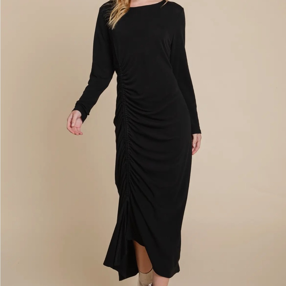 Chic Black Ruched Long Sleeve Dress